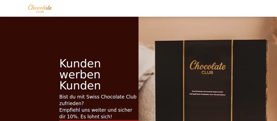 Première vue de la page de parrainage de Swiss Chocolate Club